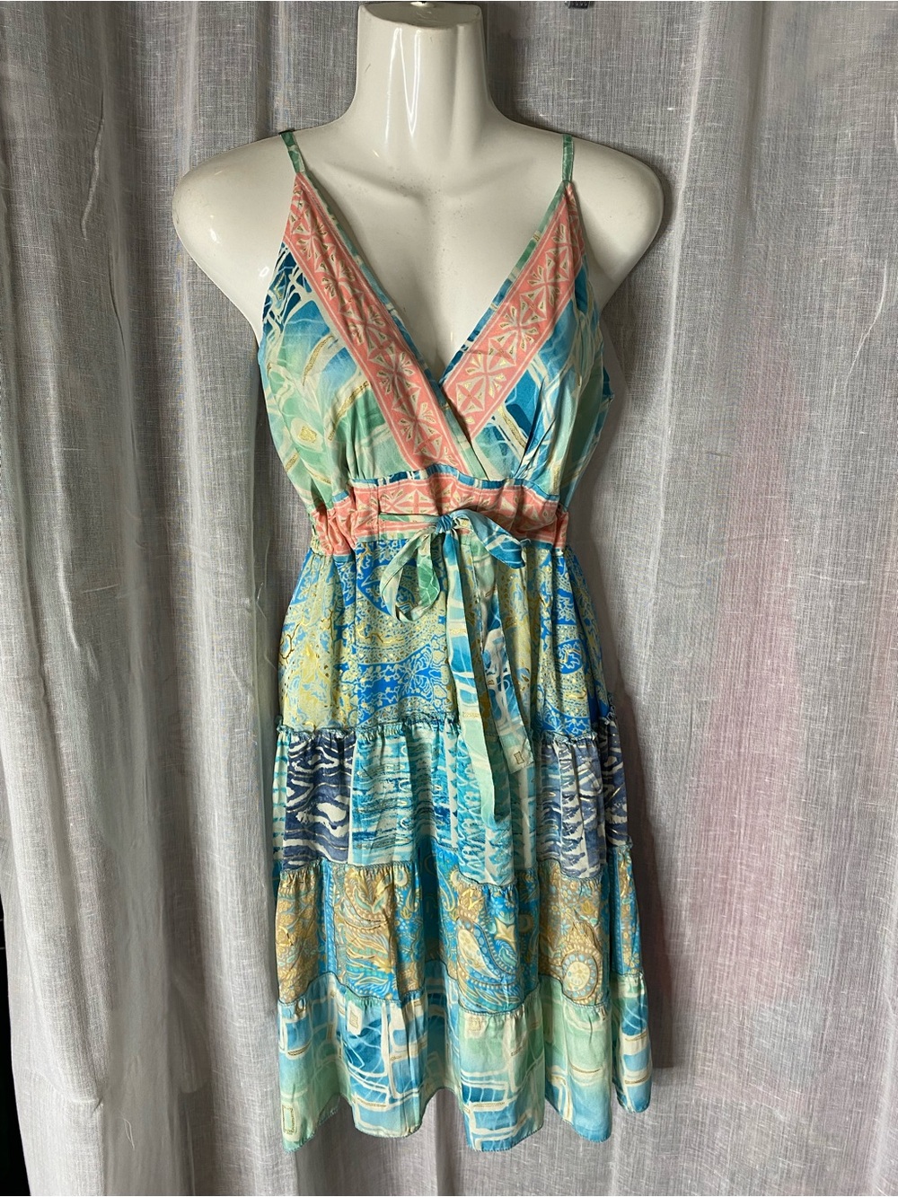 Boho Patchwork Paisley Floral Tiered Maxi Dress Medium